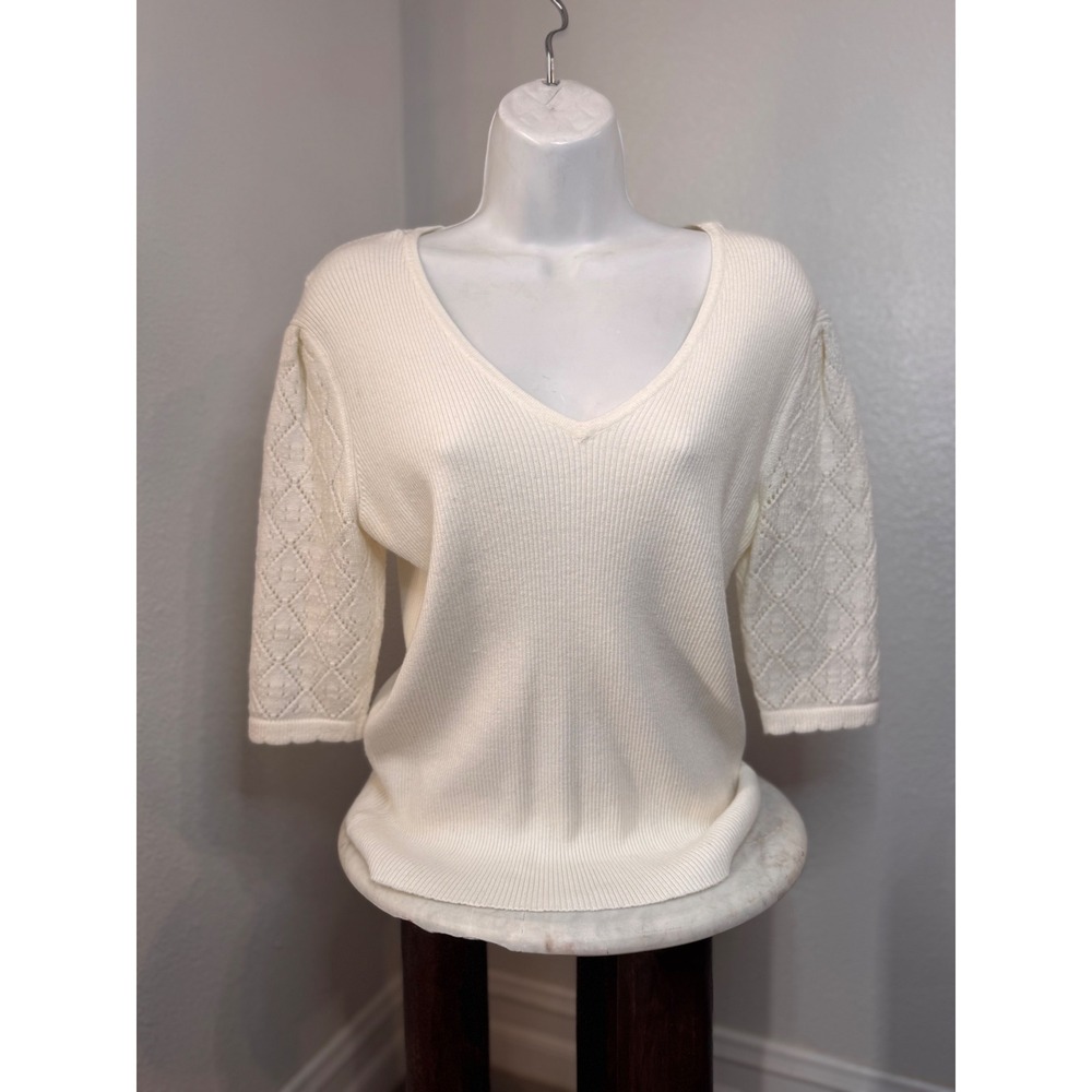 Greylin Ribbed Knit V Neck  Diamond Pointelle Open Lace Sleeve Blouse  White S